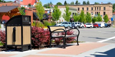 Wishbone Freedom 32 Waste Receptacle and Mountain Classic Park Bench in Rossland BC